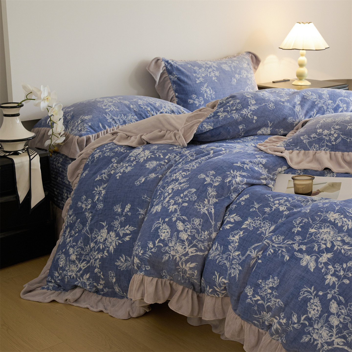Set copriletto in pizzo e pile stile nordico francese vintage boho coreano, composto da quattro pezzi, copripiumino in velluto di latte floreale vintage francese, letto imbottito_voghion.com