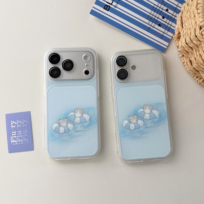 Suitable for Apple 17Promax Cartoon Swimming Ring Kitten Lens Film Phone Case Iphone16/15P Protective Cover