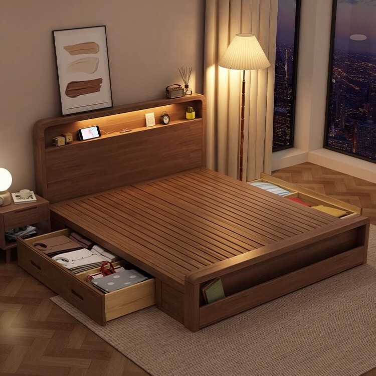 Nordic Japanese-Style Solid Wood Floor Box Bed Walnut Color 1.5m 1.8m Double Bed Master Bedroom High Box Storage Bed