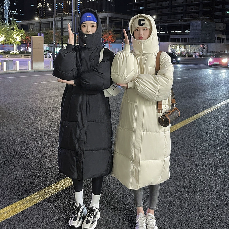 Winter long warm jeans, down jacket with hood, Korean style, mid-length
