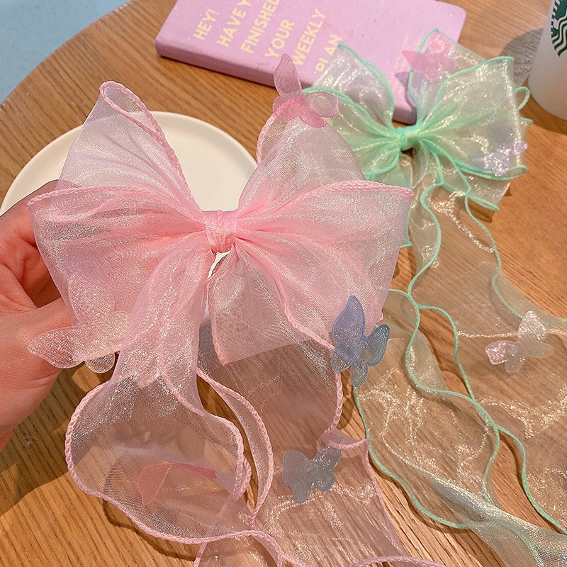 핑크 레이스 리본 롱 리본 어린이 머리핀-lx