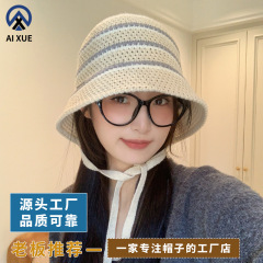 新款秋冬条纹渔夫帽子女韩版高级版百搭盆帽时尚显脸小防晒台灯帽