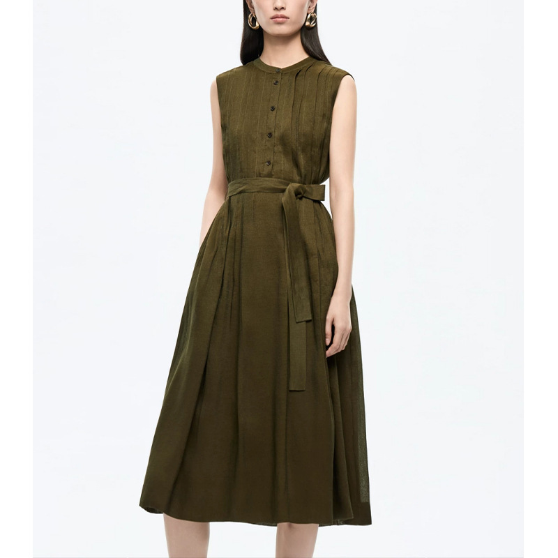 【Lang* Order】Olive Green Sleeveless Linen Dress for Women, Summer High-End Style with Tie Waist Long Dress