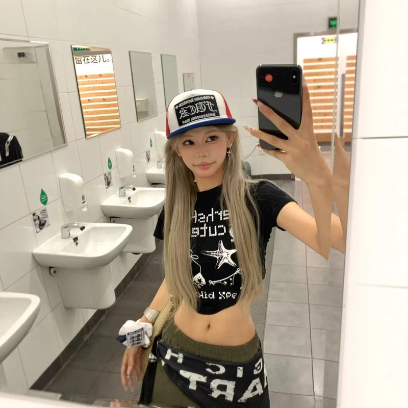 American Retro Y2K Summer New Printed Short Top Pure Cotton Hip-Hop Sexy Jazz Dance Short-Sleeved T-Shirt for Women