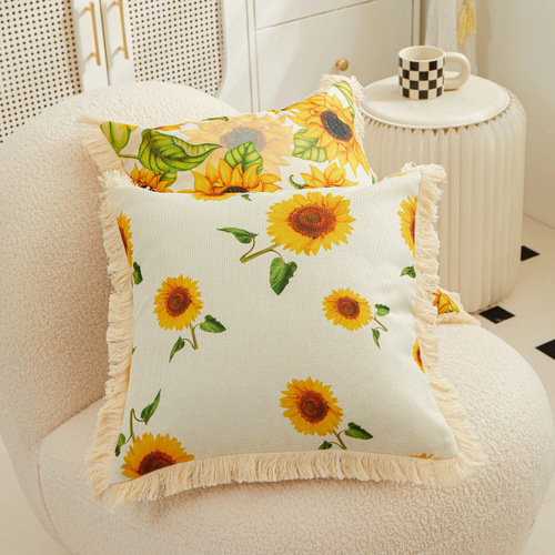 Nordic tassel sunflower linen print pillowcase home bedroom bedside soft bag cushion home sofa pillow