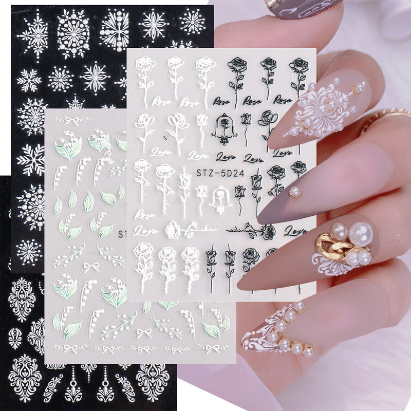2022 cross-border hot online celebrity nail stickers ins5D three-dimensional white flower rose butterfly snowflake series nail stickers