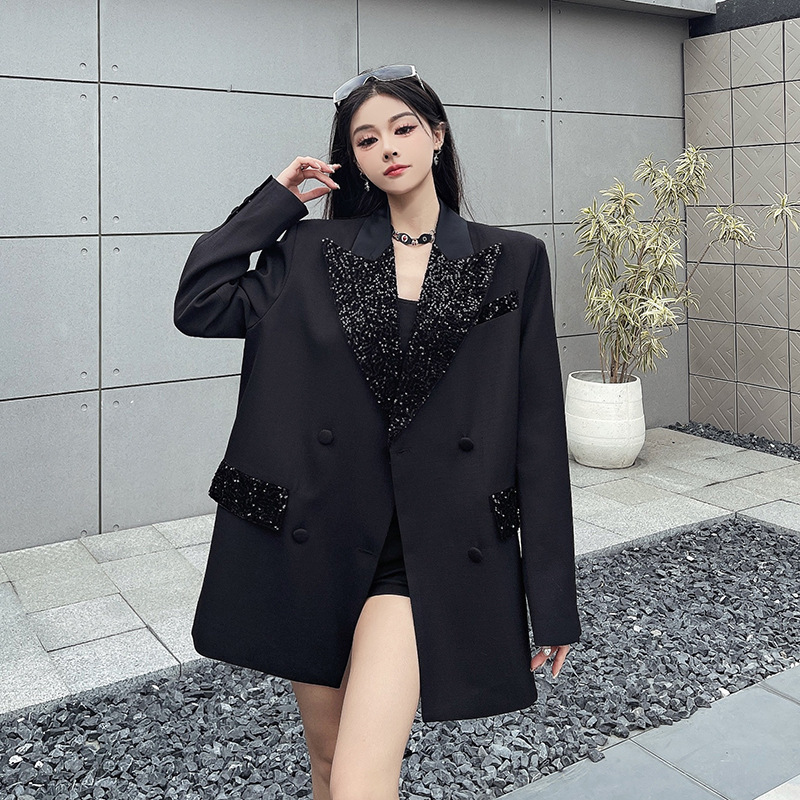 Eighteen Trendy Velvet Sequin Acetic Acid Stitching Suit Jacket Women's 2025 Korean Spring Old Qian Feng Shoulder Suit