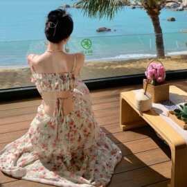 夏季仙女度假风长裙挖空大裙摆露腰法式吊带露背连衣裙图片色