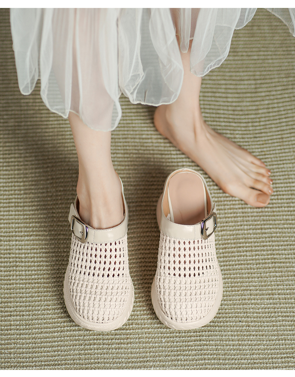 Sandal cao gót nữ mũi hở đế xuồng 8.5cm da thật kiểu La Mã đan lưới — màu đen, màu mơ chi tiết 4