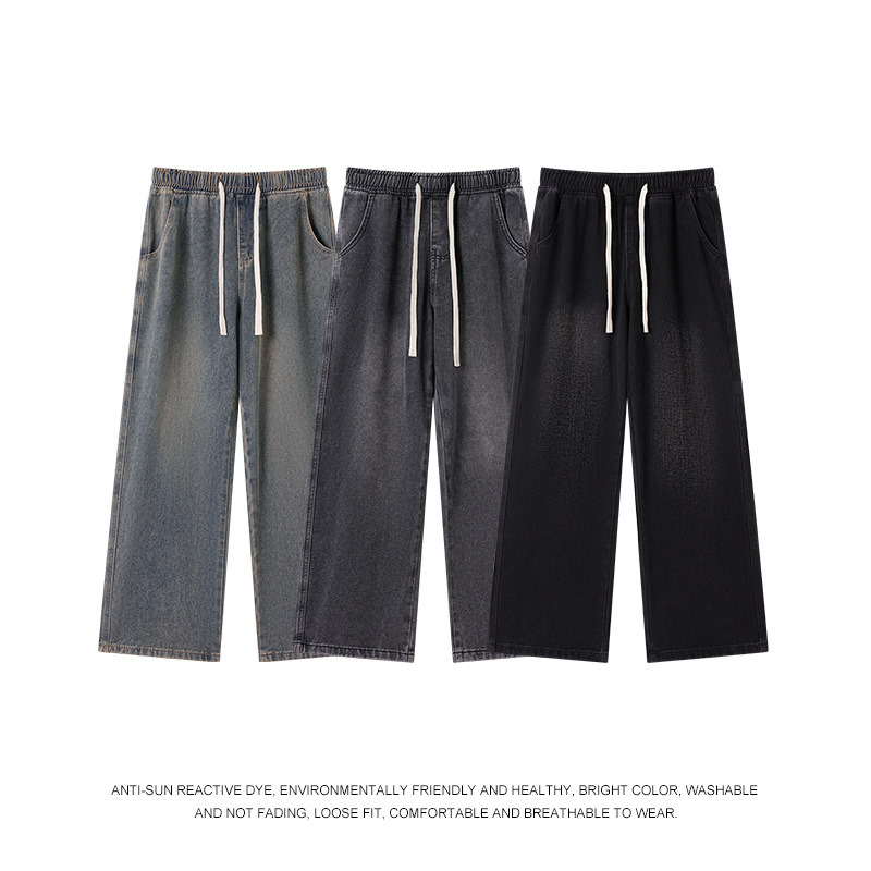 아메리칸 레트로 하이 스트리트 청바지 남성용 드로스트링 스트레이트 루즈 트렌디 와이드 팬츠 캐주얼 남녀 동일 스타일 롱 팬츠