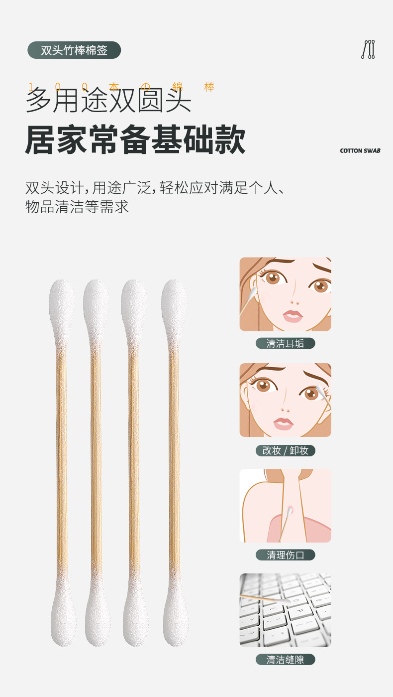 Wholesale of 100-piece cotton swabs, neutral packaging, double-ended wooden sticks, disposable makeup and cleaning cotton swabs as gifts Application Scenario