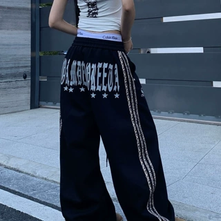 美式复古高街拼接豹纹三条杠字母印花弯刀卫裤男女宽松阔腿长裤潮