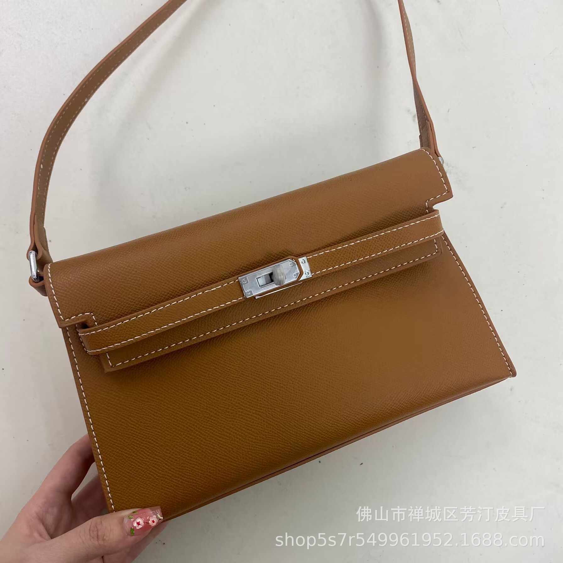 Double Strap Horizontal Palm Grain Leather Bag With Silver Buckle - Women's Genuine Cowhide Baguette Shoulder Underarm Crossbody Classic - Thumbnail 2