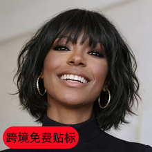 跨境爆款女士短卷发空气刘海日常水波纹卷假发自然化纤假发全头套