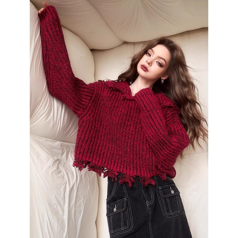 Short red winter knitted sweater
