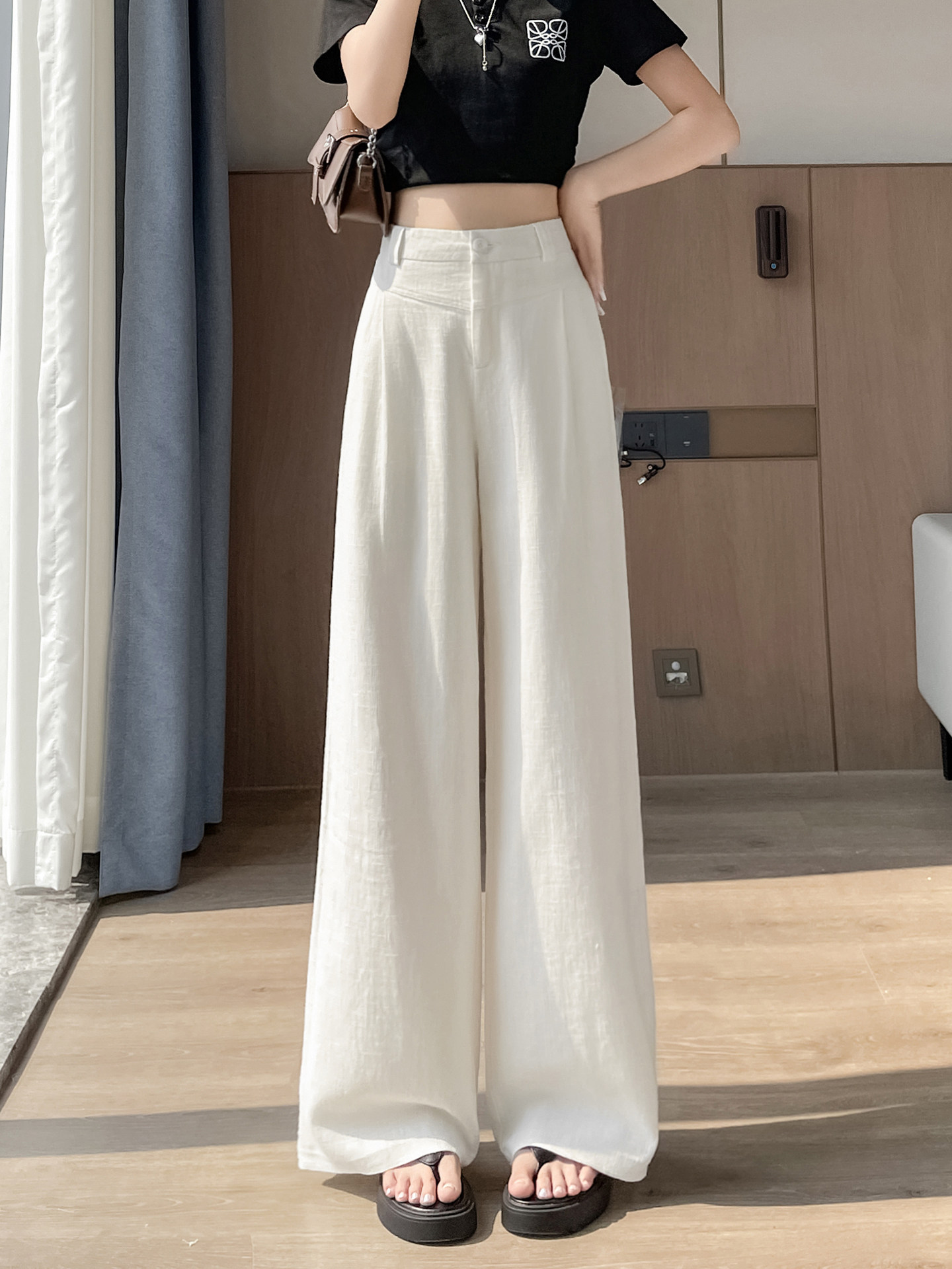 Quần culottes nữ ống rộng cạp cao vải linen phối cotton mềm mại, form suông rộng thoải mái — Trắng Extended