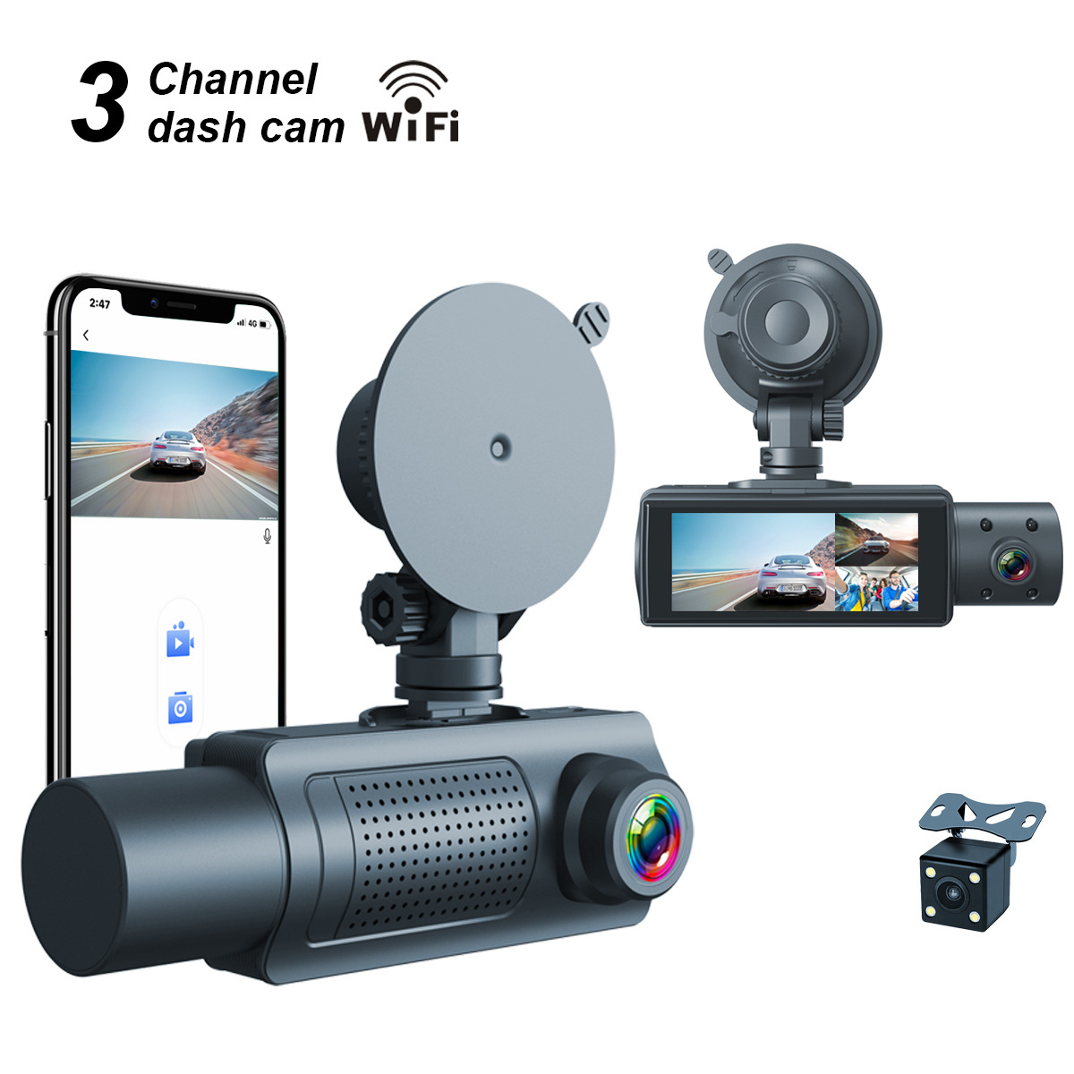 Cross-Border 3.16inch Three-Camera 1080P+480+480+Wifi Dash Cam High-Definition Three-Lens Recorder