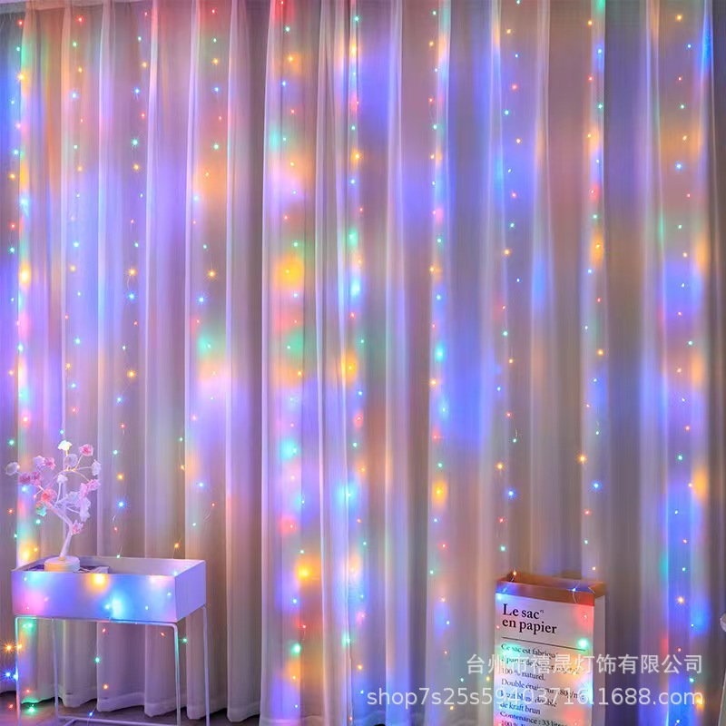 Solar LED cortina lámpara de alambre de cobre 3 * 3m ocho funciones de control remoto estrella iluminación decoración de navidad cadena de luces