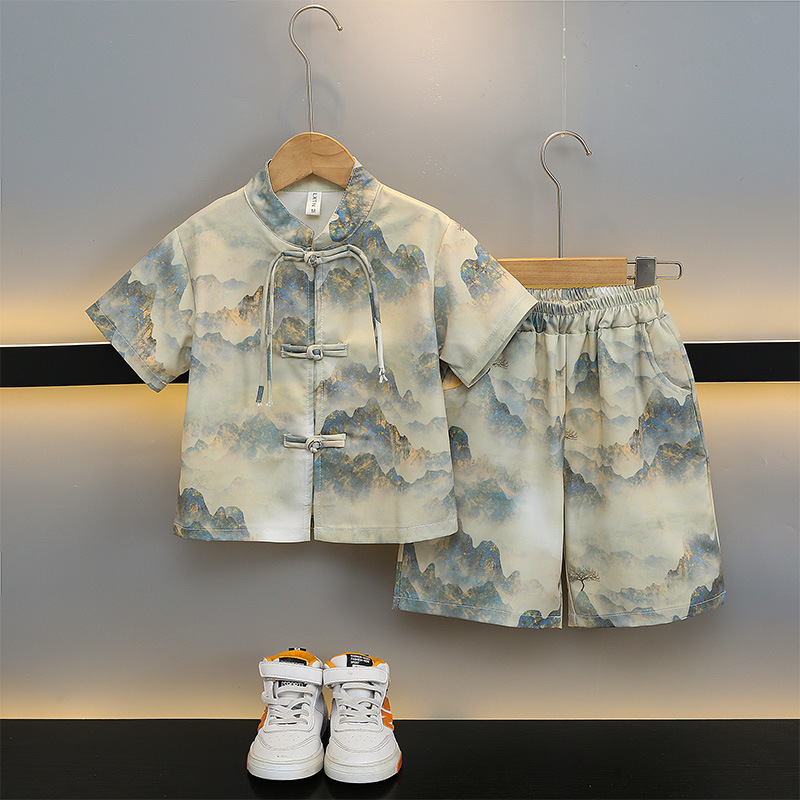 5005 nuevo traje de manga corta de verano para niños de estilo chino delgado 2025 nueva ropa para niños estilo de verano para bebés ropa de estilo nacional