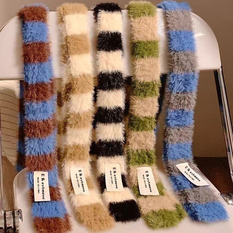 Korean Style Thin Narrow Stripesd Plush Scarf for Women in Autumn and Winter Sexy Niche Design Accessories Trendy Decorative Slender Scarf