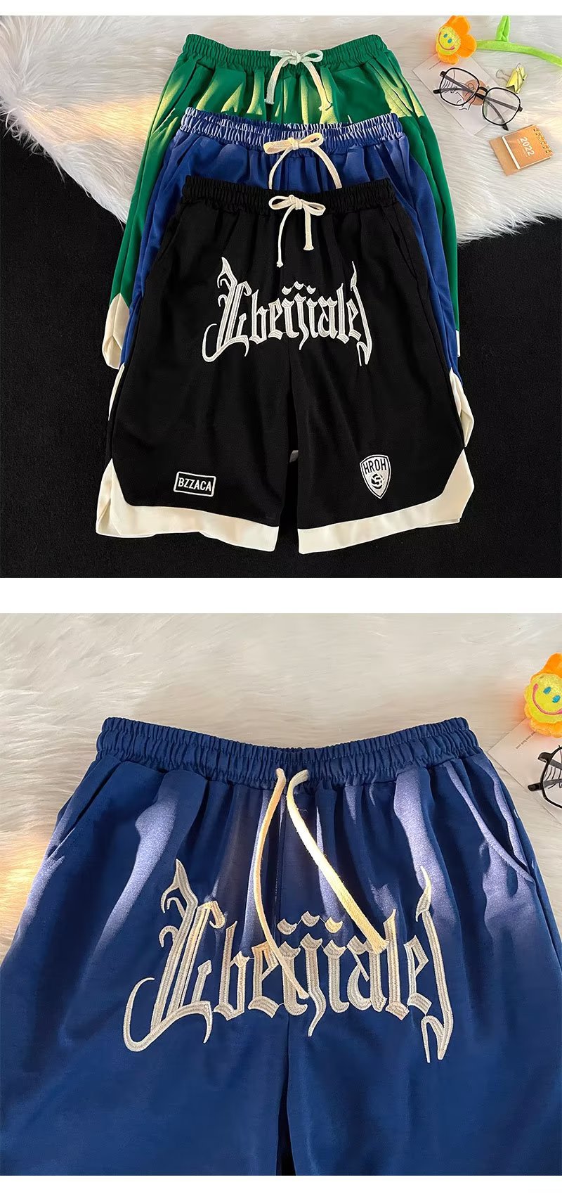 Vīriešu šorti Izšūti šorti vīriešu vasarai Amerikāņu saīsinātas bikses, modernas Instagram sporta brīvas liela izmēra basketbola bikses_voghion.com