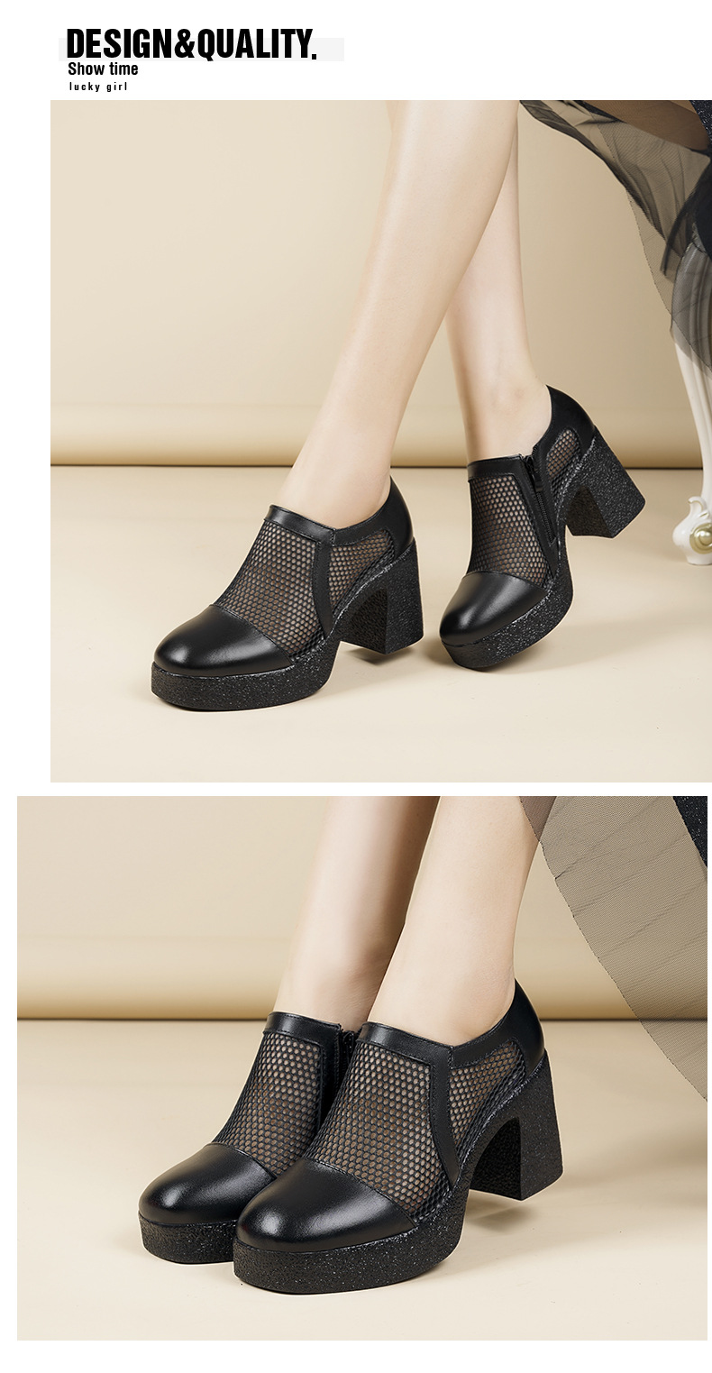 Giày sandal cao gót nữ da lưới mũi kín gót dày đế dày — đen chi tiết 9