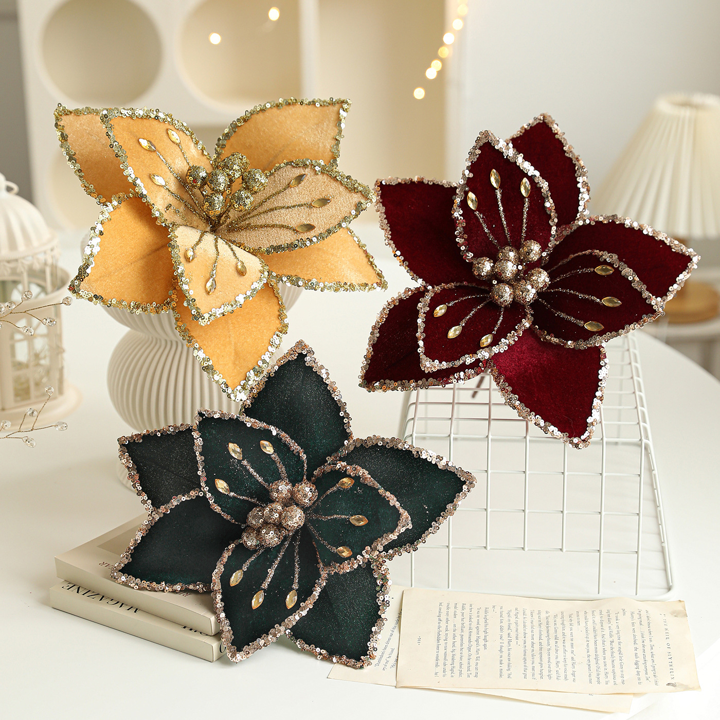 Nuevo producto 26CM tela de alta calidad flores de Navidad polvo de oro flor de polvo de polvo flor de Navidad decoración de caña de corolla