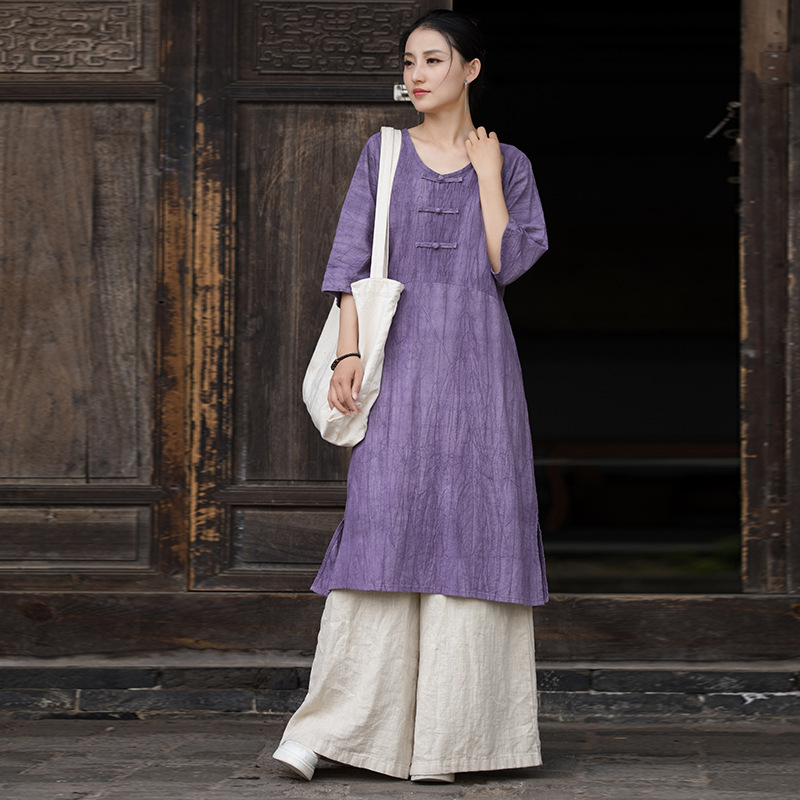 26 Spring New Collection Front Button V-Neck Slimming High-End Design Handmade Tie-Dye Dress Loose Elegant Robe