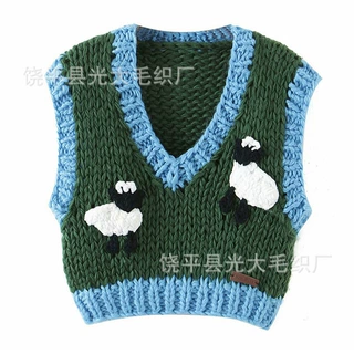 定制手工编织棒针立体可爱小羊粗线毛衣V领坎肩上衣无袖背心女式