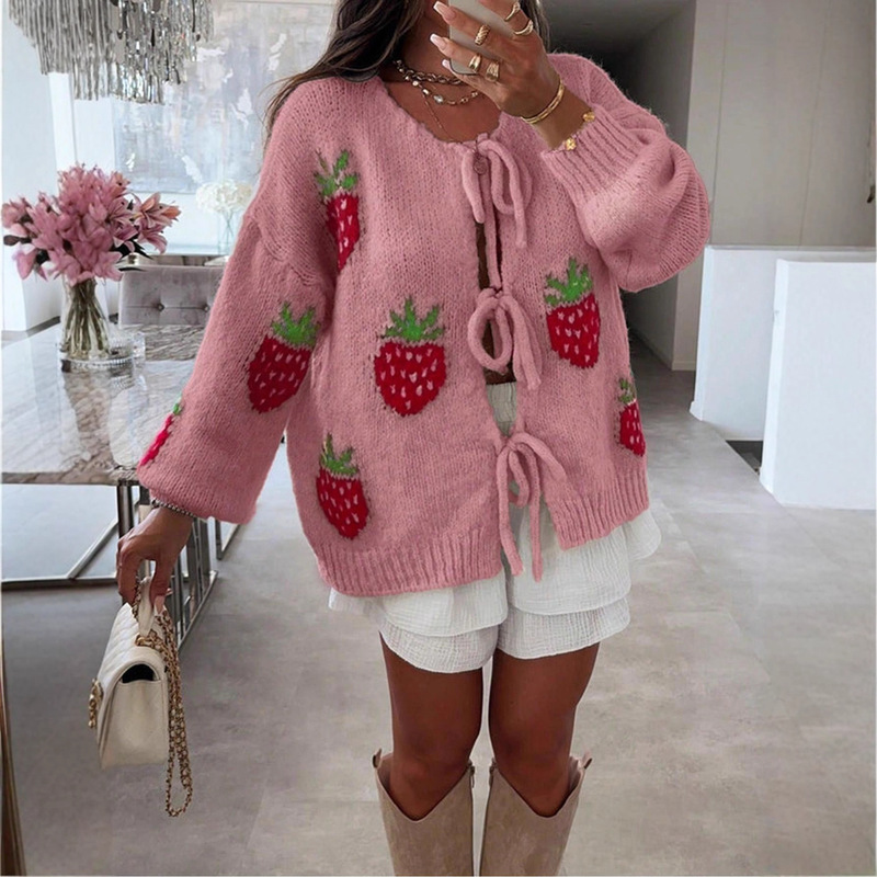 Red Strawberry Valentine's Day New Women's Autumn and Winter Casual Medium Thick Popular Strawberry Pattern Strap Long Sleeve Wool Cardigan