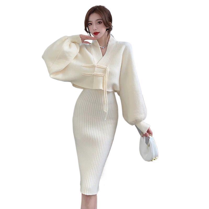 粉色针织吊带裙长款毛衣女2025秋冬新款针织内搭背心连衣裙两件套|undefined
