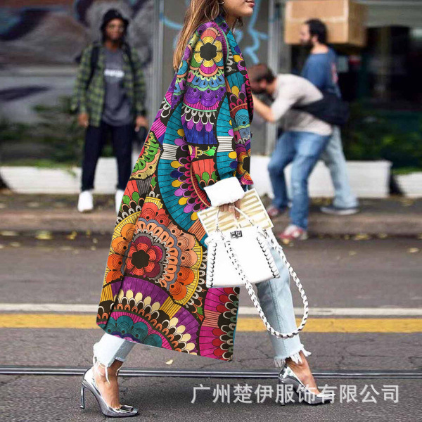 European and American Cross-Border New Style Amazon Wish Digital Print Coat Loose Printed Woolen Trench Coat