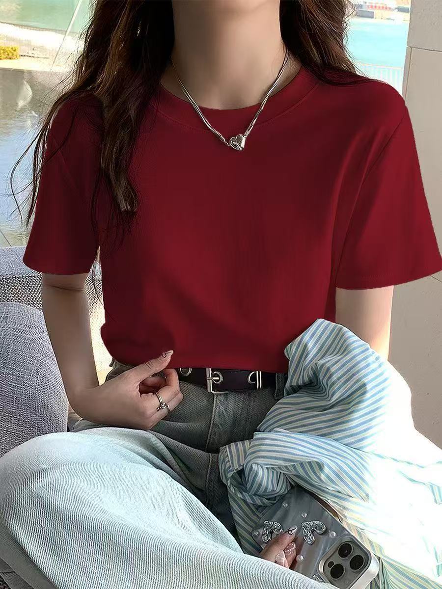 92% Cotton Shoulder Crew Neck Short-sleeved T-shirt Women's Korean Version Loose Summer New Solid Color Small Man With T-shirt Top_ecoleips.com