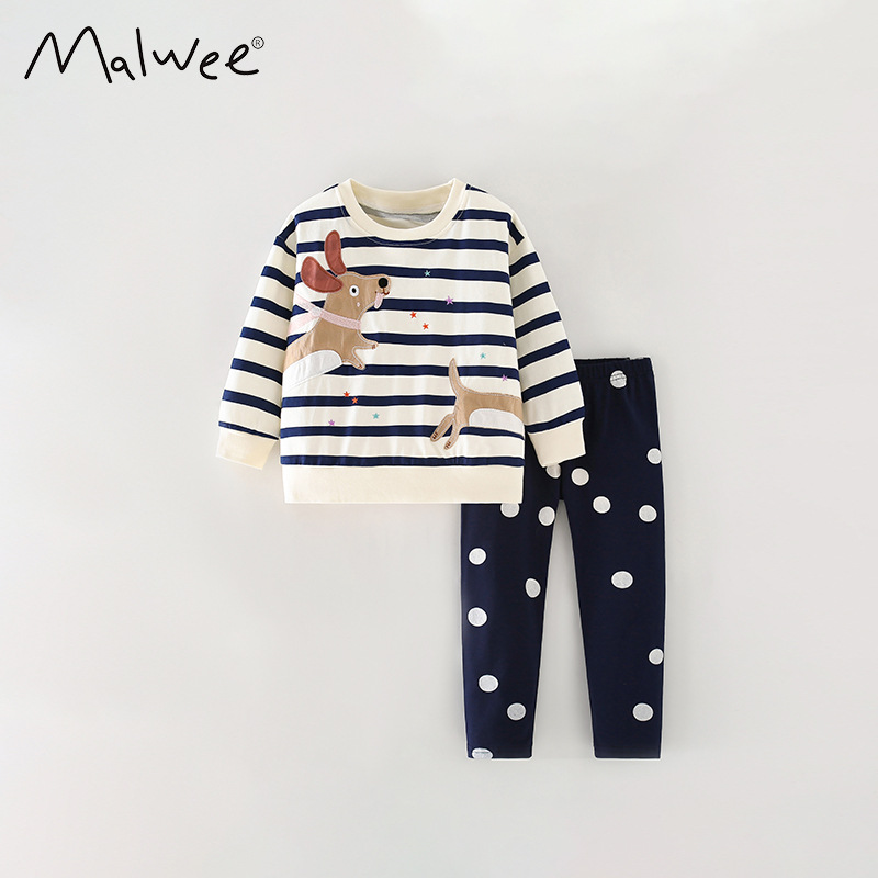 Malwee niñas trajes de otoño europeos y estadounidenses niños pequeños y medianos cuello redondo casual mangas largas pantalones de cintura elástica para niños dos piezas