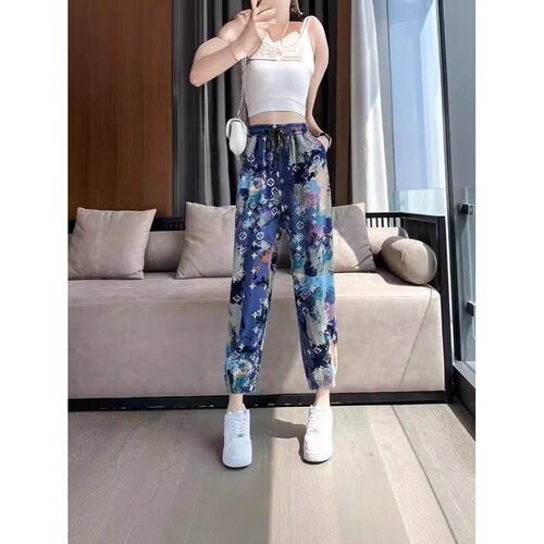 Summer Ice Silk Women's Print Gathered Ankle Pants Beach Cool Pants Ice Silk Long Pants Petite Matchy Matchy Mini Ankle Pants for Women