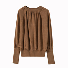 100%纯羊毛打底衫圆领褶皱蝙蝠袖宽松大码纯色针织衫套头毛衣女