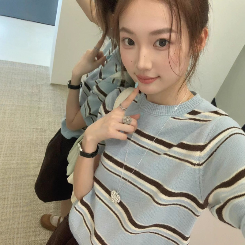 韩国小众！太好看2025秋款洋气吸睛圆领撞色条纹短袖针织毛衣女|undefined