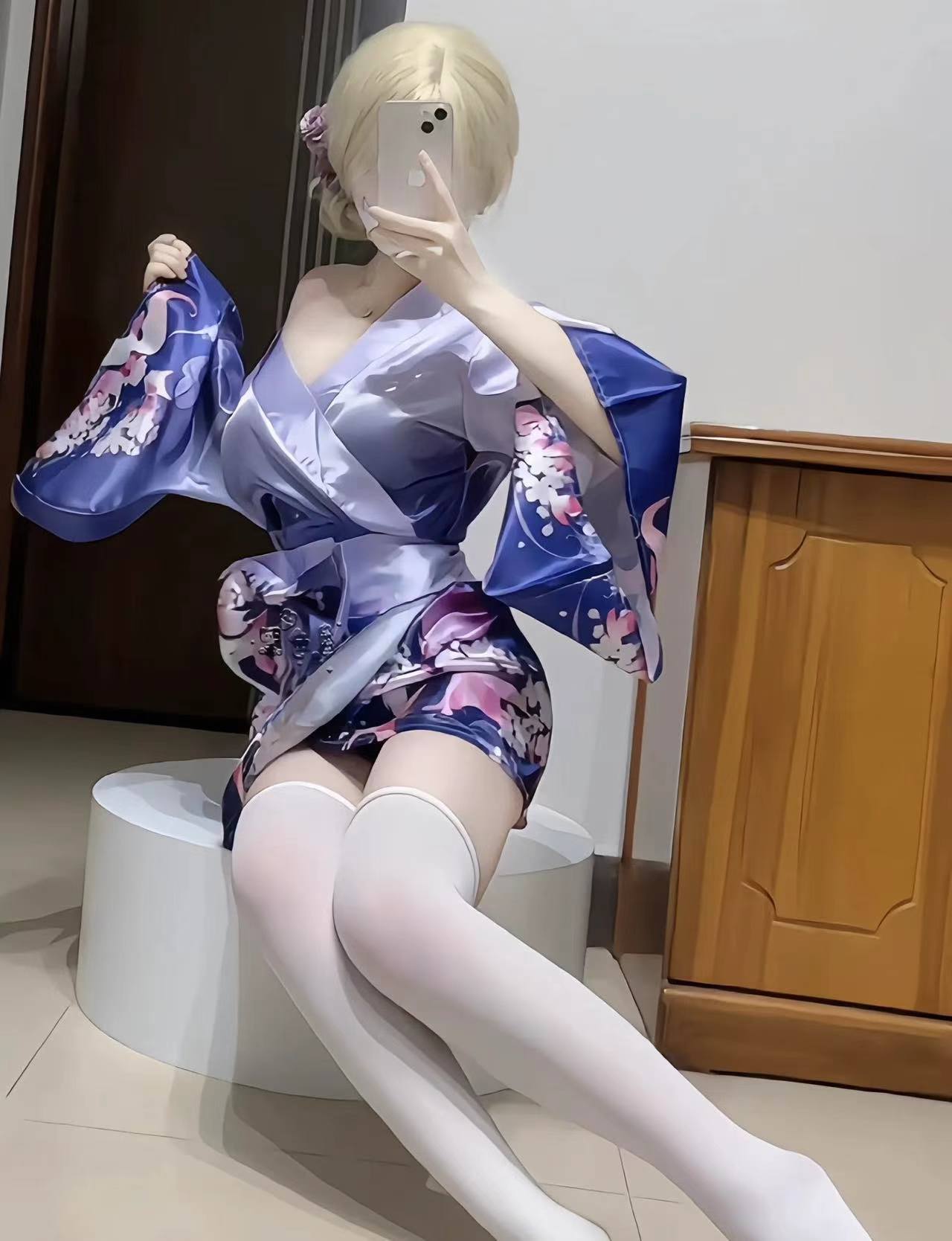 Japanese Kimono Roleplay Lingerie Set, Deep V Cardigan with Butterfly Sash, Pink Polyester — detail image 5