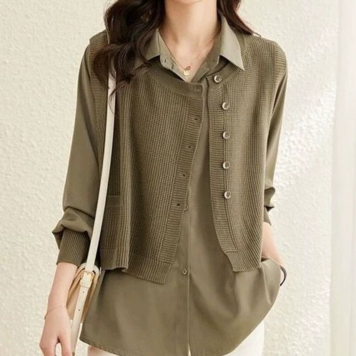 Элегантная трикотажная рубашка с воротником-двойкой, Женская Новинка 2023, весна и осень, Свободный Повседневный Кардиган в западном стиле с длинными рукавами