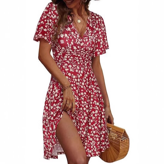 2025 European and American Cross-border Women's Slip Skirt Summer Flower Short Sleeve Wrap V Neck A Line Mid-length dress Printing 2025 European and American Cross-border Women's Slip Skirt Summer Flower Short Sleeve Wrap V Neck A Line Mid-length dress Printing