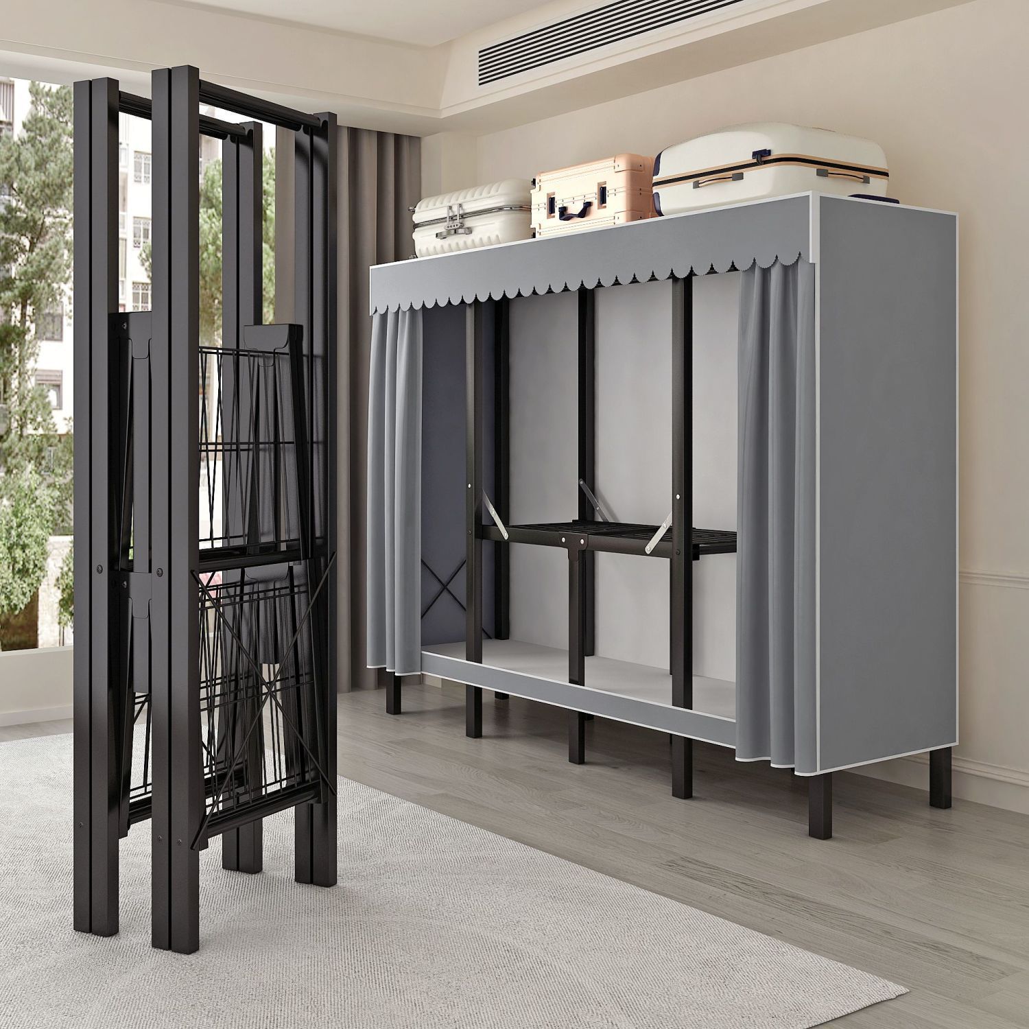No-Installation Folding Wardrobe for Home Bedroom, Simple Fabric Wardrobe with Reinforced Steel Pipes, Fully Assembled Steel Frame Storage Rack