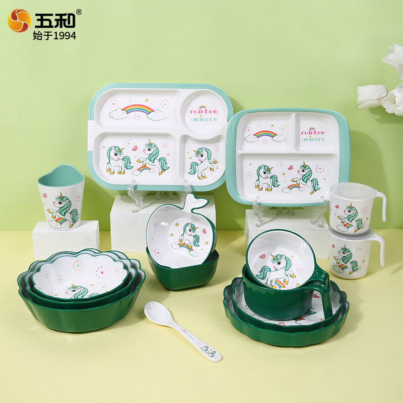 Wuhe Unicorn Melamine Tableware Food-Grade Material Resistant to Falling and Scalding Cartoon Style Children's Bowls, Plates, Cups, and Spoons Wuhe Unicorn Melamine Tableware Food-Grade Material Resistant to Falling and Scalding Cartoon Style Children's Bowls, Plates, Cups, and Spoons