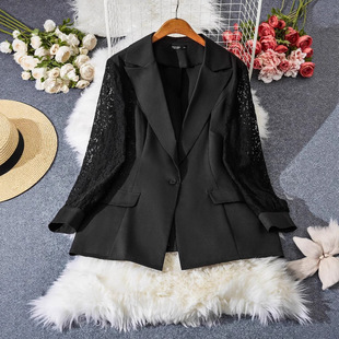 2025 New Style Lace Splicing Sleeves, Elegant, Fashionable and Versatile, Large Size Pure Color Suit Jacket for Women, Mid-Length