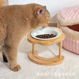 木质宠物猫粮碗架花朵型保护颈椎宠物碗增高架多功能实木猫碗托架