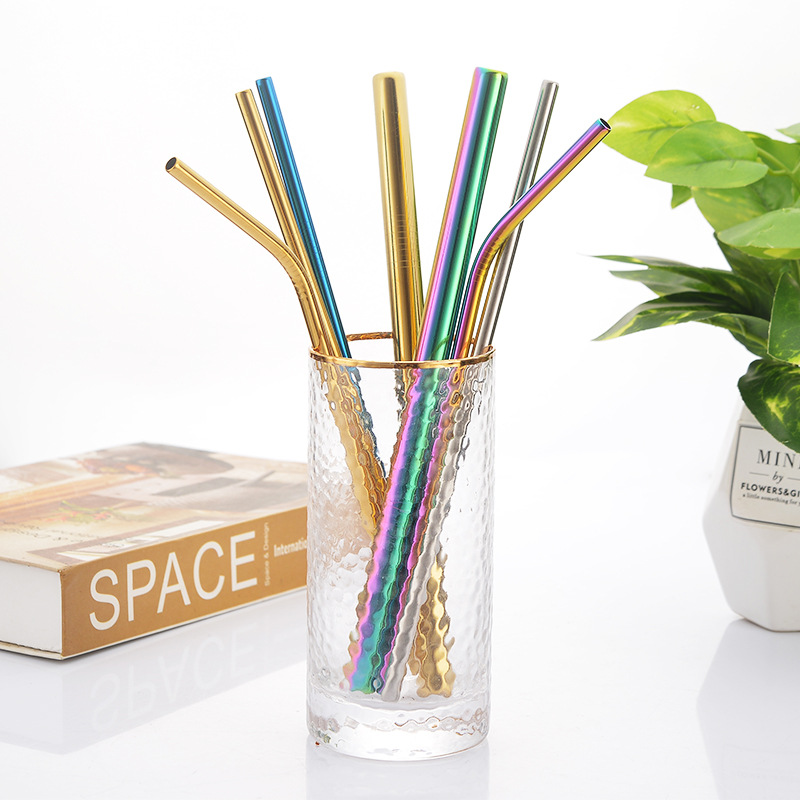 Cross-border 304 stainless steel straw set for drinks, milk tea, coffee, cocktails, creative metal titanium-plated colorful straight and curved