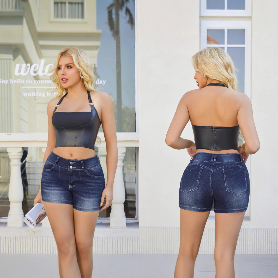 2025 estación independiente Amazon estilo caliente europeo y americano transfronterizo primavera y verano nuevo estilo estiramiento cadera cintura alta pantalones cortos de mezclilla ropa de mujer