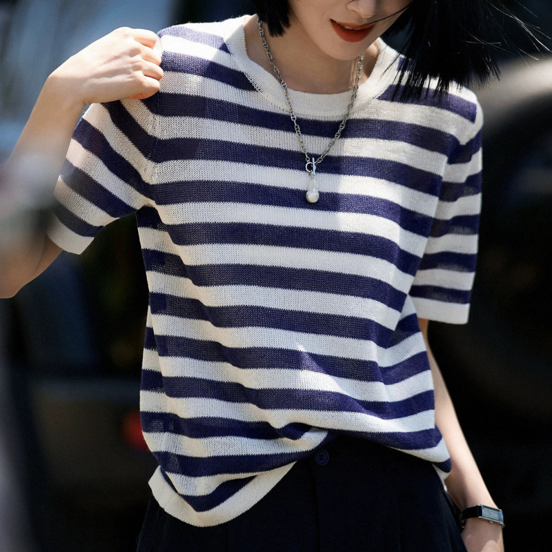 Spring and Summer New Style Knitted Half-Sleeve T-Shirt for Women, Round Neck, Breathable, Thin Pullover with Intercolorful Stripe Design Spring and Summer New Style Knitted Half-Sleeve T-Shirt for Women, Round Neck, Breathable, Thin Pullover with Intercolorful Stripe Design