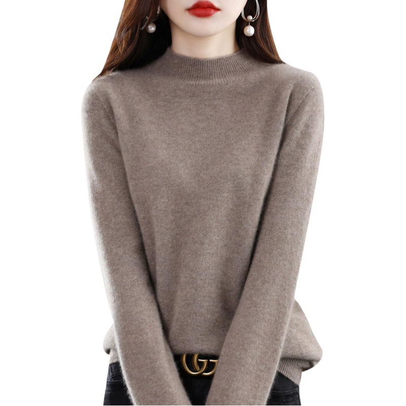 Бесшовный свитер из 100% чистой шерсти для женщин, с полувысоким воротником, свободного кроя, универсальный трикотажный базовый слой для повседневного стиля.