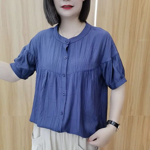 Pure Color Hong Kong Style Short Sleeve Shirt Summer New Cotton Linen Open Front Blouse Literary Retro Stylish Plus Size Women's Fashion