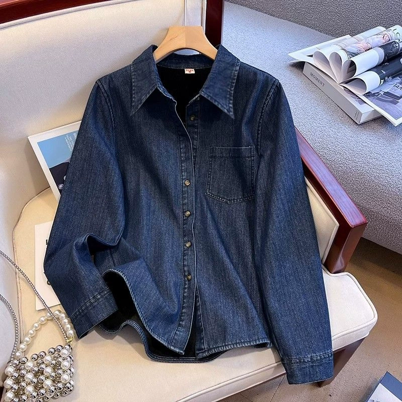 Плюшевый толстый темно-синий мойка джинсовая рубашка женская куртка зимой
